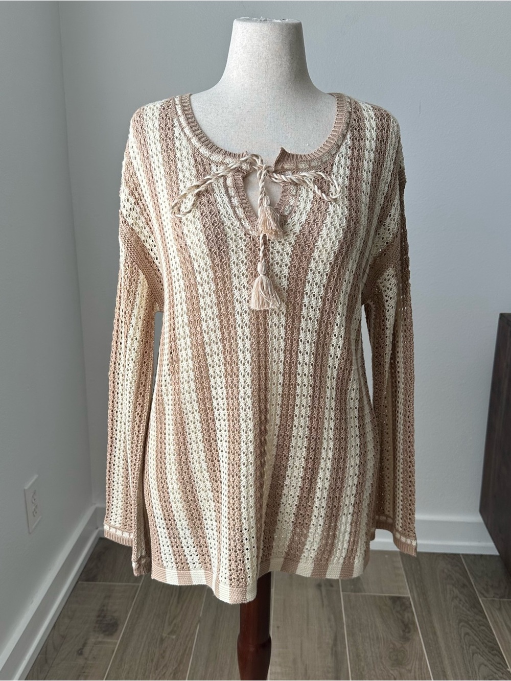 Cato Striped Crochet Tassel Tie Pullover in Beige and Cream